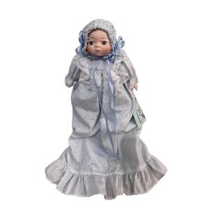 Dynasty Doll Light Blue Polka Dot Dress Bonnet Ribbons Lace Victorianera Doll